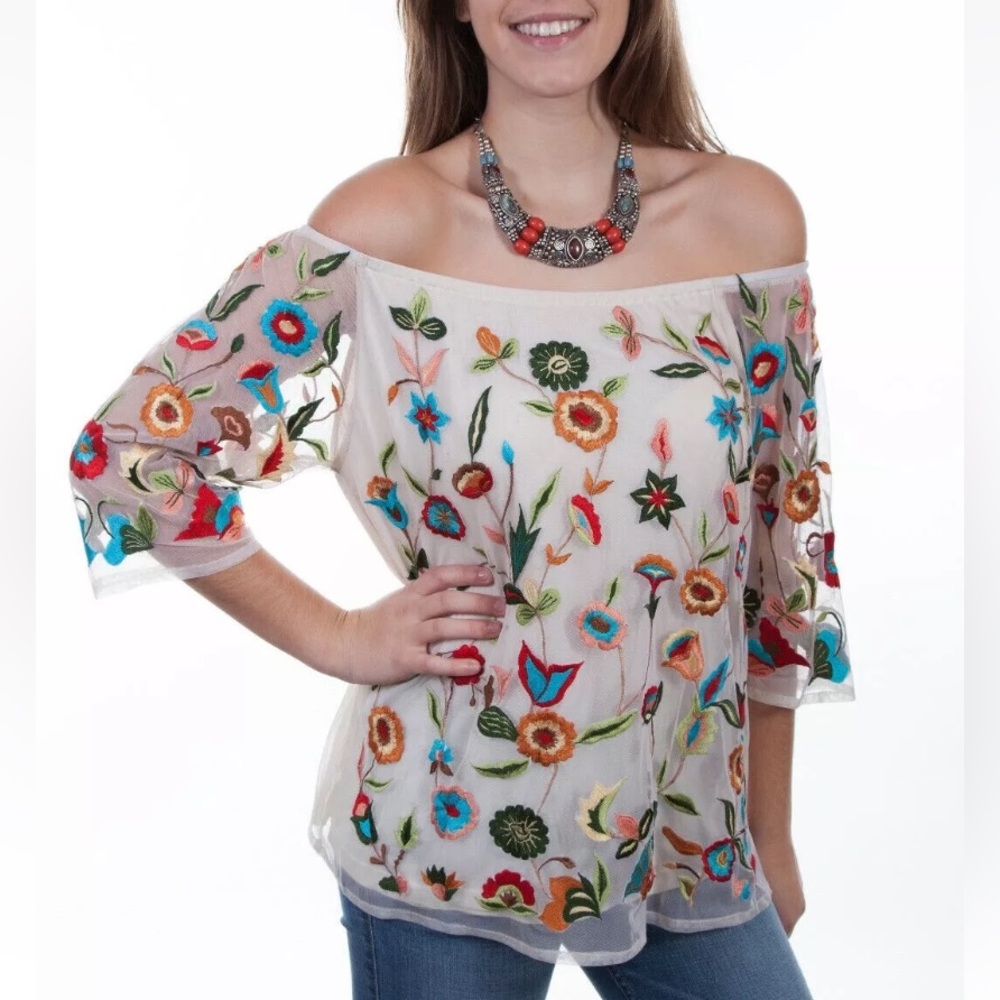 Scully Womens Floral Garden Short Sleeve Boho Blouse Cowgirl Sz M